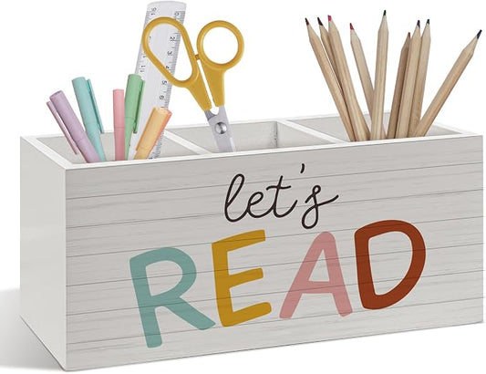 Book Lovers Gifts Pen Pencil Holder, Book Reader Gifts, Boho Desk Accessories, Let's Read Wooden Pen Pencil Organizer for Reading Room Corner Nook Classroom Library Desk Decor