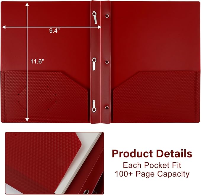 12-Pack Plastic Folders with Pockets and Prongs, 2-Pocket Folders with 3 Fasteners, Holds 8-1/2" x 11" Paper for School/Office/Home