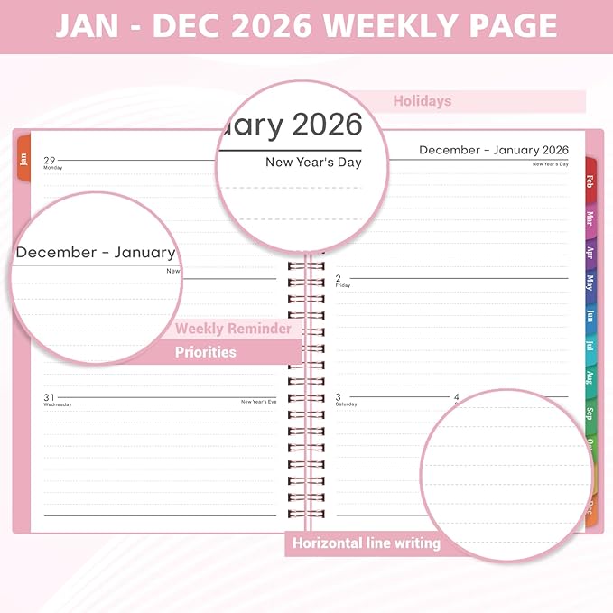 2026 Planner - 2026 Planner Weekly and Monthly from Jan. 2026 - Dec. 2026, Weekly Planners 2026 with Inner Pocket, Colorful Tabs, Planners for Women, 8.5" x 6.4" - Pink