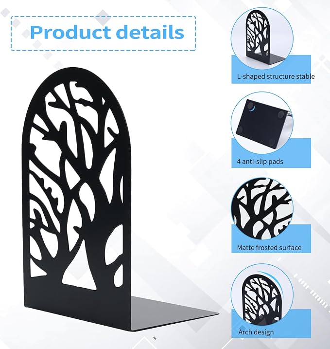 EOOUT Bookends for Shelves Decorative, 5 Pairs (10 Pack) of Tree Bookends Supports, Black Metal Book Stoppers for Heavy Books, Heavy Duty Book Ends for Home Office School.