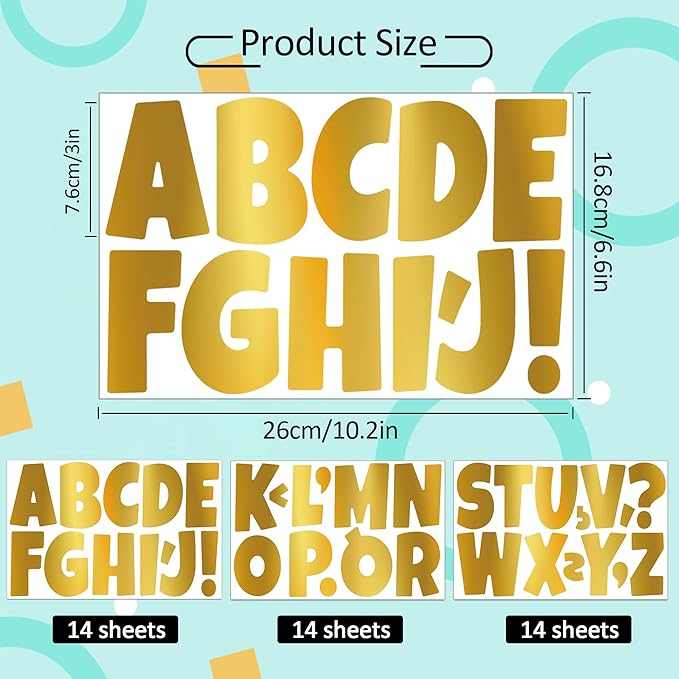 504 PCS Bulletin Board Letters 42 Sheets Large Letter Stickers Vinyl Waterproof Self-Adhesive Alphabet Sticker Letters for Poster Board Display Classroom School Mailbox Home Decor (3 Inch, Gold)