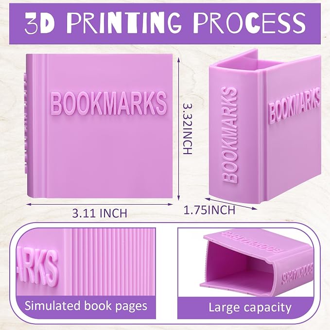 Honeydak 3D Printed Book Shaped Bookmark Holder Book Lover Gift Bookish Accessory Office Desk Supplies Funny Bookmark Accessories End of Year Gift for Teacher(Purple)