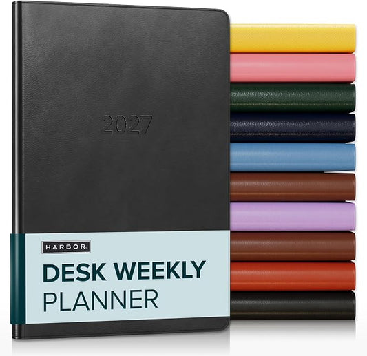 Harbor Desk Weekly Monthly Planner 2027 - Calendar Planner and Notebook, Durable Faux Leather, 192 Pages, Softcover & Book Bound - Cambridge Black - 8x5.5"