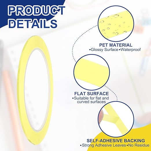MECCANIXITY Whiteboard Tape 5/64" / 2mm Self Adhesive Graphic Chart Line Tape 72 Yard Grid Marking Stickers for Pinstripe Dry Erase Board Scrapbooking DIY Art Crafts, Light Yellow, Pack of 3