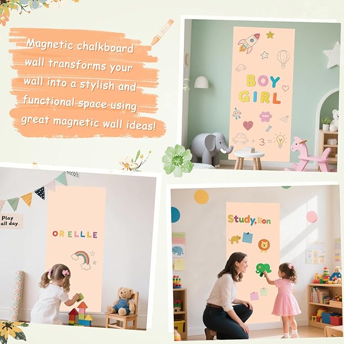 Magnetic Wall Decal 47.2x17.5 Inch Milk Tea Color Magnetic Wall Decal Chalkboard Magnet Play Wall with Multiple Accessories for Home Playroom and Classroom