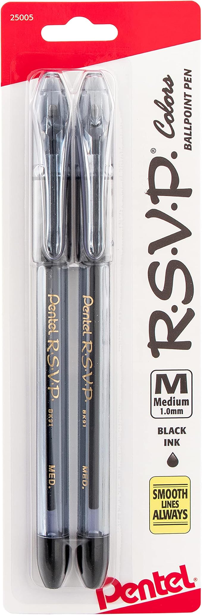 Pentel RSVP Colors Ballpoint Pen, (1.0mm), Medium Line, Black Ink, Pack of 2 (BK91CRBP2A)