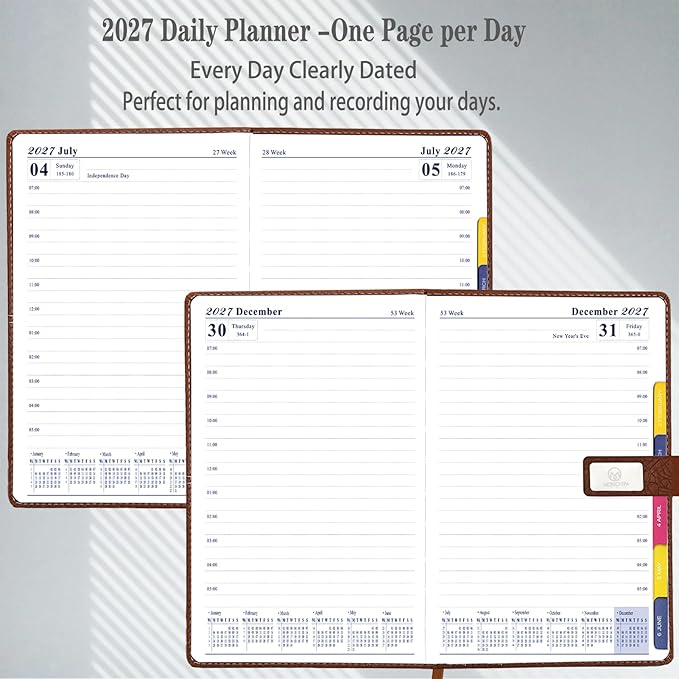 2027 Daily Planner - One Page per Day, 2027 Hourly Daily Calendar(Jan-Dec 2027), 5.7" x 8.26" Appointment Book, Leather Cover + Thick Paper (Blue)
