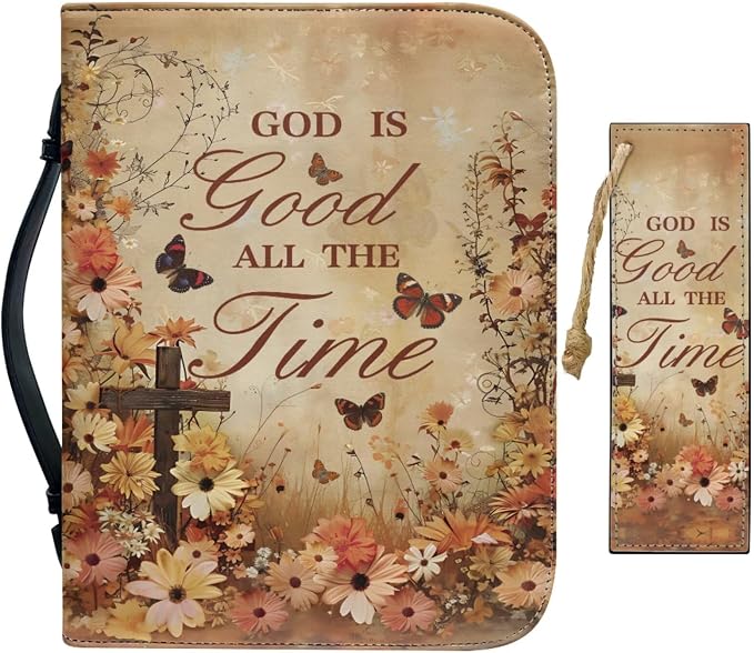 Vintage Religious Floral Cross Bible Case with Bookmark Waterproof Bible Cover Case for Women Lightweight Bible Bag with Handle Pockets Church Book Bag Brown