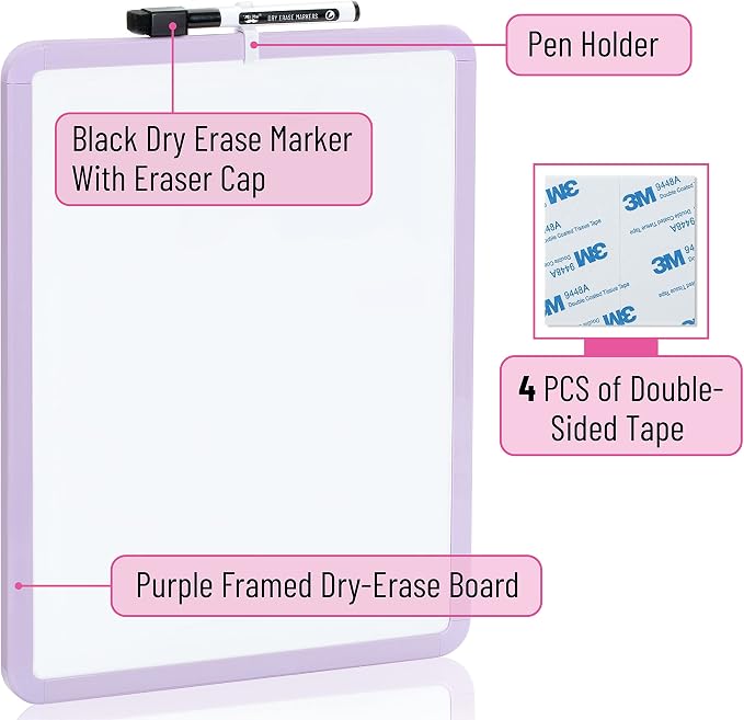 Mr. Pen- Dry Erase Board, 14” x 11” with a Black Dry Erase Marker, Purple Frame, Small Mini White Board for Students, Fridge, Wall, Locker, Includes Double Sided Tapes