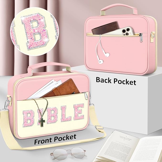FINPAC Large Bible Cover w/Shoulder Strap, Carrying Book Case Church Bag Bible Protective w/Pen Slots and Zippered Pocket, Gift for Women Lady, Letter Pink
