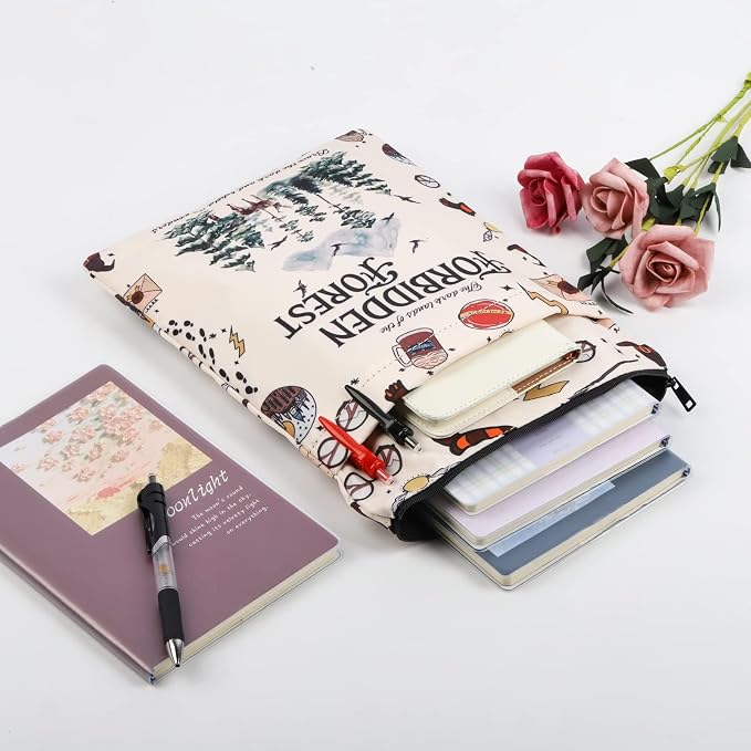 BLUPARK Book Cover - HP Forbidden Forest bs - Off White Cotton Canvas Zipper Book Cover for Paperbacks & Hardcovers