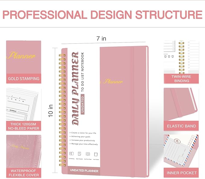 Undated Daily Planner with Hourly Schedule - One Page Per Day for Productivity, Goal Setting & Time Management, Flexible for Professionals & Students