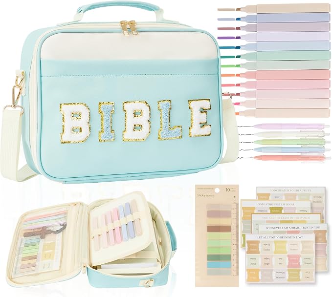 Bible Cover Case for Women Bible Study Supplies Bible Journaling Kit Large Preppy Chenille Letter Bible Tote Bag Carrying Case Christian Gifts for Girls (Blue, Large)