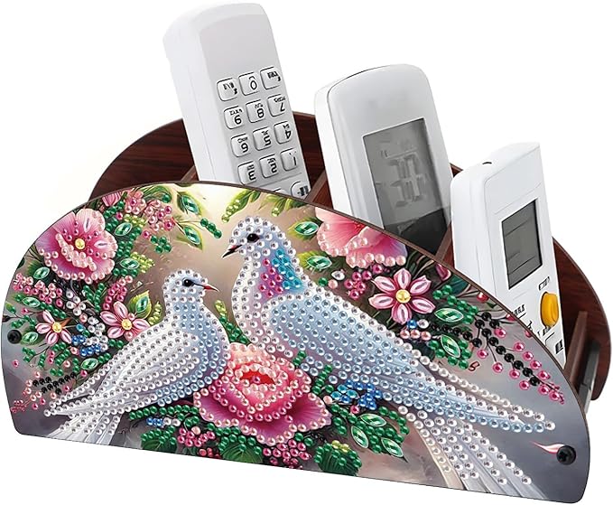 Remote Control Holder with 4 Compartments, DIY Diamond Art Painting Wooden Half Moon TV Control Holder for Remote Controllers, Office Supplies, Makeup Brush, Media Accessories-Pigeon-1