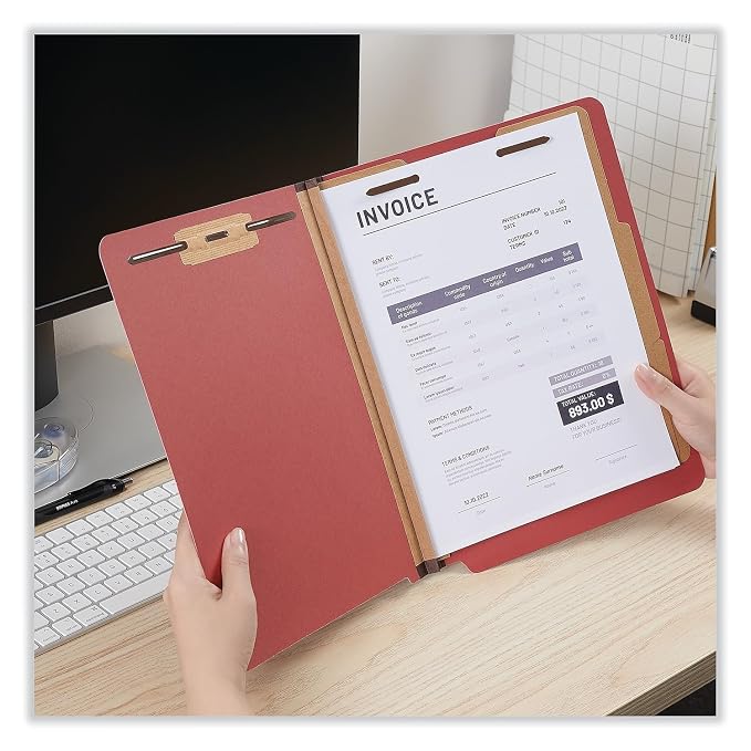 Universal End Tab Classfication Fastener Folder, Letter Size, 2 Dividers, 6 Fasteners, Red, Pack of 10