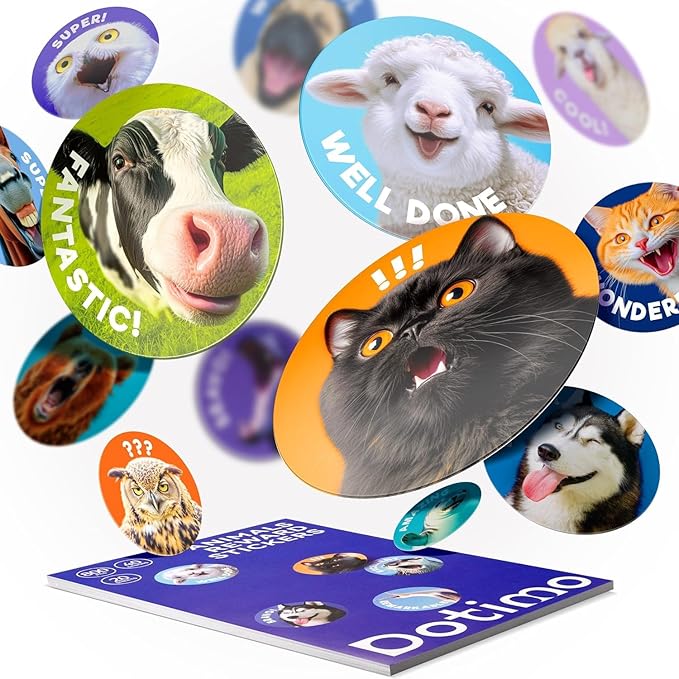 800 PCS Dotimo Funny Animal Stickers for Kids - 40 Designs Waterproof Reward Stickers, Durable Classroom & Homeschool Supplies for Teachers, Positive Reinforcement Chart Decor (20 Sheets)