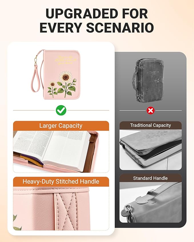 Bible Cover Case for Women, Large PU Leather Bible Bag with Multiple Pockets, Reinforced Handle and Wrist Strap, Zippered Organizer for Bible Study and Church, Gift for Her, Pink