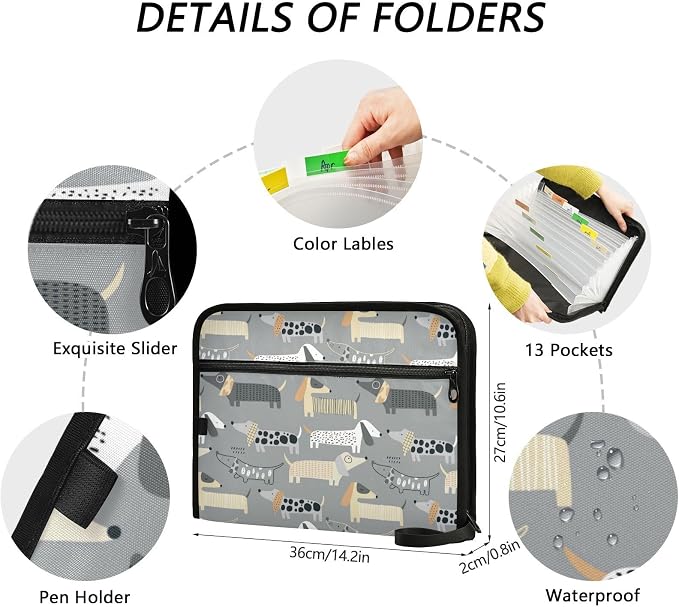 13 Pockets Expanding File Folder Cute Dachshund Grey with Sticky Labels Accordion File Folder Document Organizer Letter Size A4 Papers Expandable File Keeper