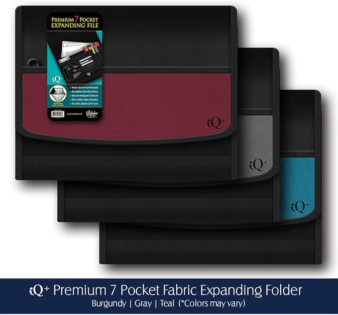 iQ Plus Premium 7 Pocket Fabric Expanding Folder, 13 x 10 Inches, Color Will Vary (34107)