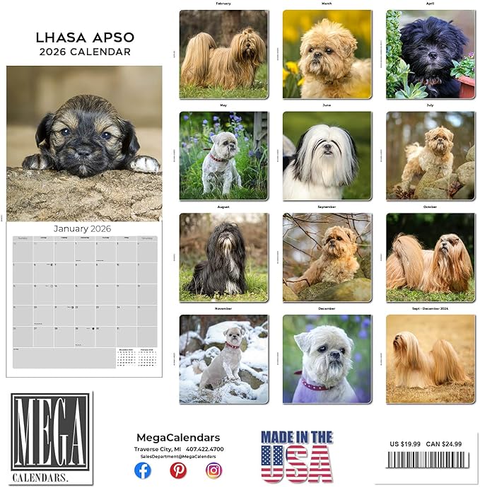 2025 2026 Lhasa Apso Calendar - Dog Breed Monthly Wall Calendar - 12" x 24" Open - Thick No-Bleed Paper - Giftable - Academic Teacher's Planner Calendar Organizing & Planning - Made in USA