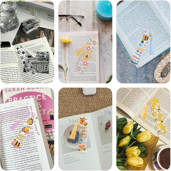 Peacoblue 30pcs UV DTF Bookmarks Transfer Stickers Wraps Bee and Flowers for Women Men Reading, Waterproof Bookmarkers Decal(No Blank Bookmarks) for Acrylic Plastic Metal Blank Bookmark
