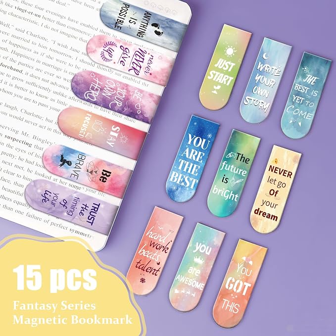 Kaluofan Larger Size 15PCS Inspirational Magnetic Bookmarks, Double Sided Magnet Book Markers Page Clip for Students Teachers Reading Supplies