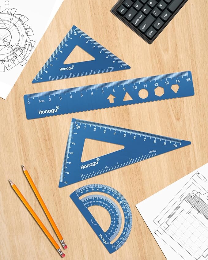 Honagu Triangular Ruler Set, 4 PC Metal Drafting Ruler, Geometric Protractor, Measuring Drawing Tool for Students, Teachers, Draftsmen, Engineers, Home School Office Supplies (15cm/5.9inches, Blue)