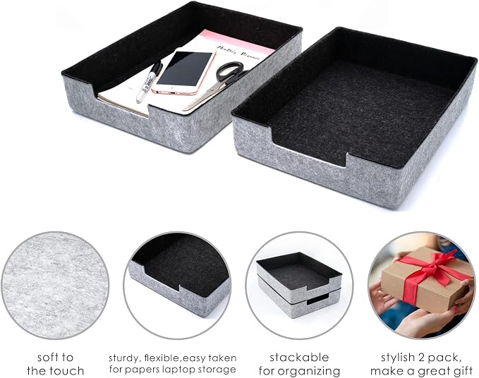 WELAXY Felt Desk Drawer Organizer Trays, 2-Piece Stackable File Organizer for Documents, Papers, Magazines, Home & Office Storage (Charcoal)