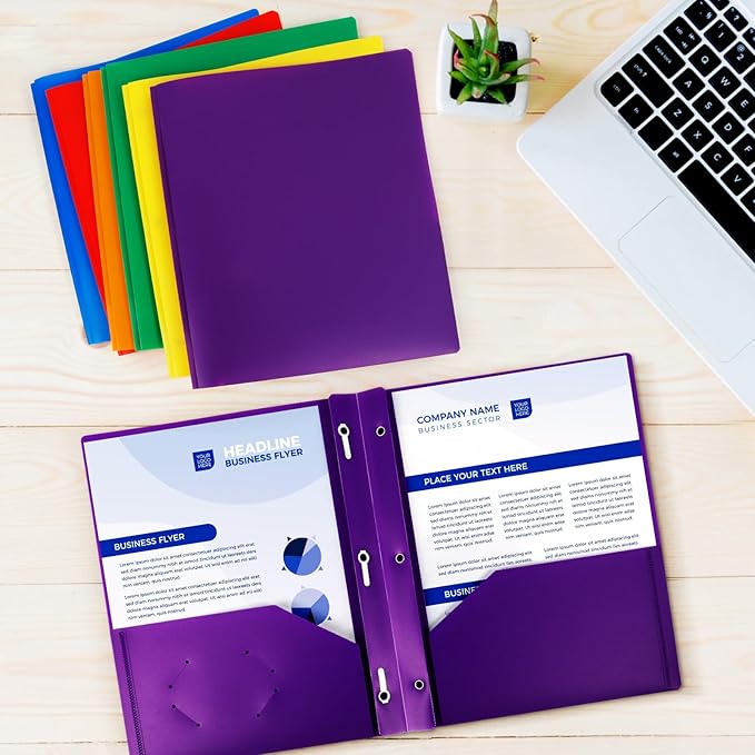 6-Pack Plastic Folders with Pockets and Prongs,2-Pocket Folders with 3 Fasteners, Holds 8-1/2" x 11" Paper for School/Office/Home, Purple