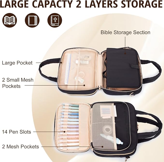 Large Bible Cover for Women,2 Compartments Bible Carrying Case With Handles Shoulder Strap, Soft Puffy Quilted Bible Bags With Book Cover Organizer, Bible Tote For Church Study Supplies Accessories