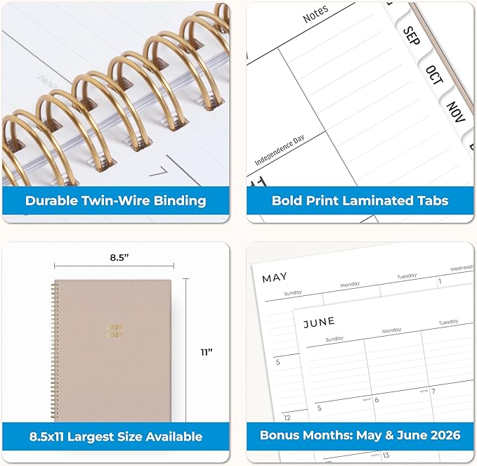 Blue Sky 2026-2027 Large Print Weekly and Monthly Academic Year Planner Calendar, July 2026 - June 2027, 8.5" x 11", Flexible Cover, Wirebound, Storage Pocket, Laminated Tabs, Sand