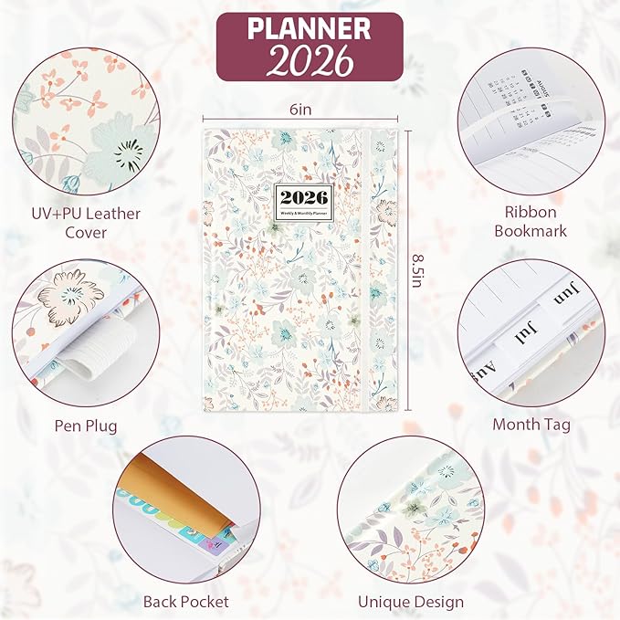 2026 Planner, 2026 Planner Weekly and Monthly with Tabs, 2026 monthly planner with Color Pen, Sticky Notes and Stickers, 6.2" x 8.5", Durable Twin Wire Binding, Storage Pocket - Flower