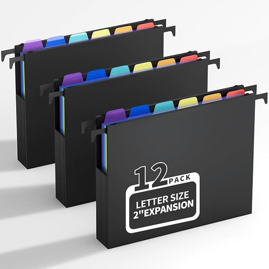 Uquelic Plastic Hanging File Folders Letter Size, 12 Pack Reinforced Heavy Duty Hang Folder with Movable Bright Dividers, Adjustable Tabs, 2" File Organizer for Filing Cabinet, School, Office