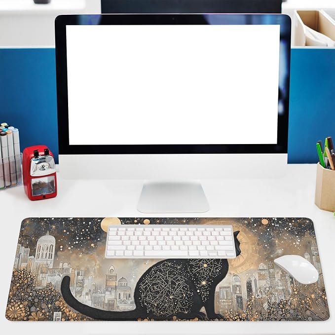 Galaxy Cat Desk Mat Gaming Mouse Pad Mystic Night Celestial Art Extended Gaming Mousepad Mat with Stitched Edge Non-Slip Base Big Mousepad Office Home Decor for Women Girl 31.5"x11.8"