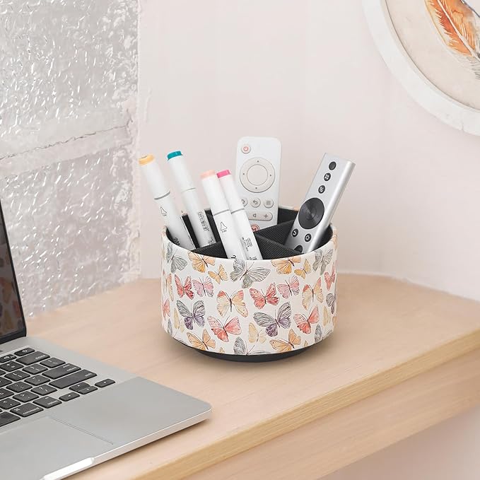 360 Degree Rotating Remote Control Holder for Table, PU Leather Spinning End Table Organizer Caddy, Cute Remote Control Caddy for Office Supplies, Makeup Brushes, Butterfly PH130