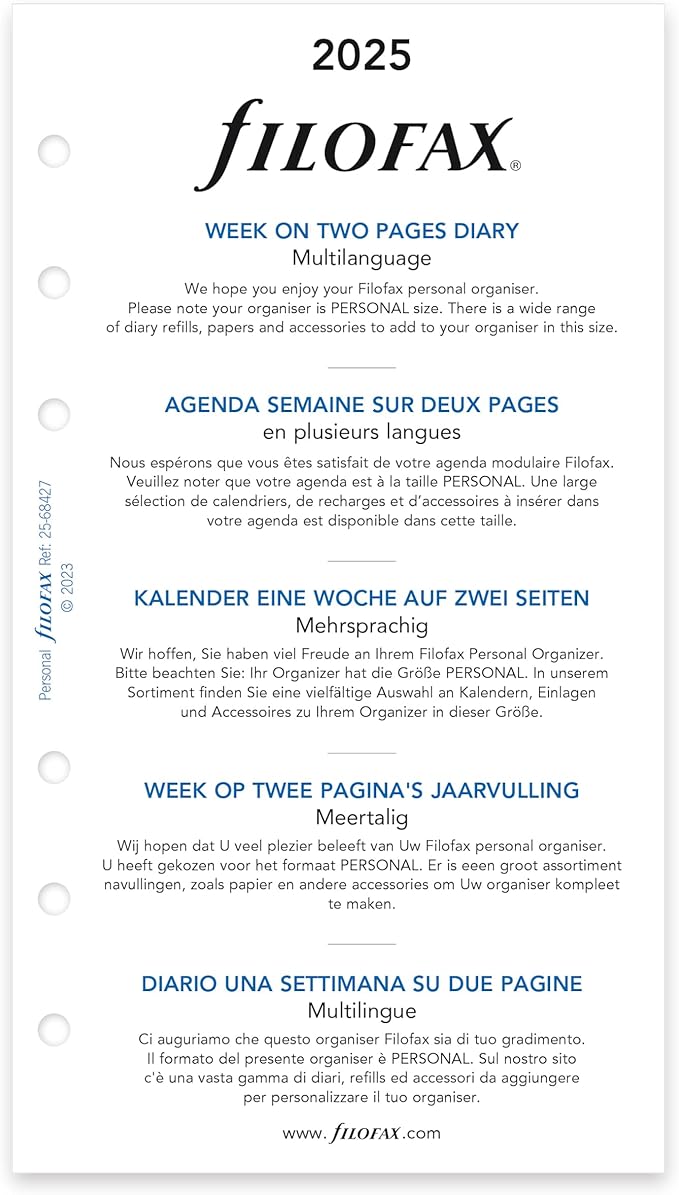 Filofax Calendar Diary Refill, Personal/Compact Size, Week-to-View, White Paper, Unruled, Multilingual: Five Languages, 2025 (C68427-25)