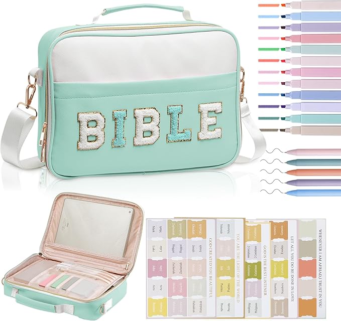 KOPKOFT Bible Cover Case for Women, Large Chenille Letter Leather Bible Case with Bible Study Accessories, Bible Study Supplies Bible Journaling Kit, Christmas Christian Gift for Women Girls (Green)