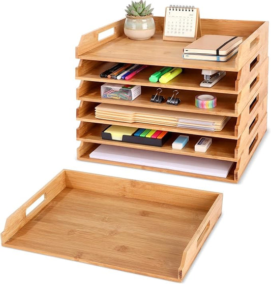 AceOrbit 6 Pcs Stackable Paper Tray Bamboo Wood Desk Organizer Letter Tray 6 Tier Wooden File Organizer Desk Shelf for Documents, Letter Sorter, Envelopes and Magazine Holder