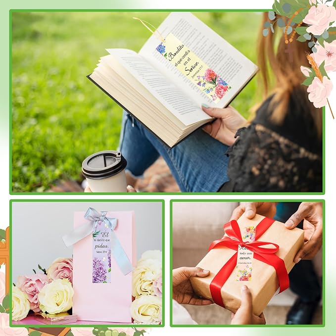 Skyygemm 120 Pcs Spanish Religious Bible Verse Bookmarks Bible Separators Spanish with Colored Rope Separadores De Biblia En Español Inspirational Christian Bookmarks Gifts for Women Church Prayer