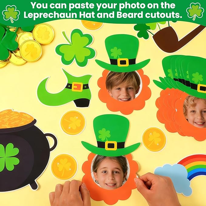 St. Patrick's Day Bulletin Board Set Shamrock Gold Coin Leprechaun Hat and Beard DIY Photo Craft Cutouts One Lucky Crew Green Irish March Classroom Decoration for Holiday Party School Home Wall Decor