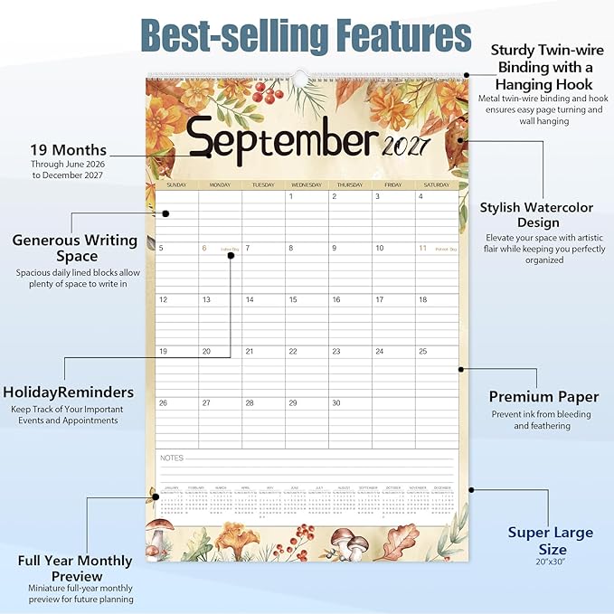 Guasslee 2026 Large Wall Calendar,20"x 30" Vertical Jumbo Hanging Wall Planner,19 Monthly Calendar from Jun. 2026 to Dec. 2027 with Lines,Spiral Binding and Notes for Easy Organizing