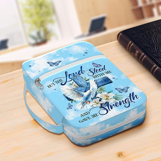 Bible Cover for Women with Handle, Canvas Scripture Case with Zipper Pocket, Inspirational and Butterfly Design, Christian Gift for Ladies, Church Bible Study Bag
