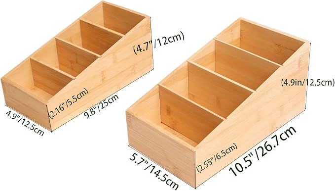 2 Pack Bamboo Food Pantry Organizers for Kitchen, Cabinet, Office,countertop, Wood Snack Organizer and Storage for Spices, Snacks,Coffee, Tea,(4 Section)