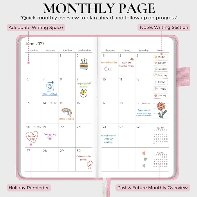 KONVINIT Pocket Calendar 2026-2028, 24-Month Pocket Calendar 2027 Planner Runs from July.2026 Until June.2028, Pink PU Monthly Planner with Inner Pocket, Pen Loop, Elastic Closure for School & Office Supplies, 3.54”×6.69”