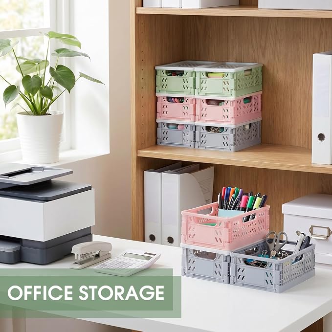 Hushee 12 Pcs Mini Pastel Plastic Storage Baskets with Lids Small Collapsible Crates Mini Mesh Storage Bins Folding for Bedroom Pencils Office Desktop Drawer Organizer 5.55 x 4.13 x 2.32 in