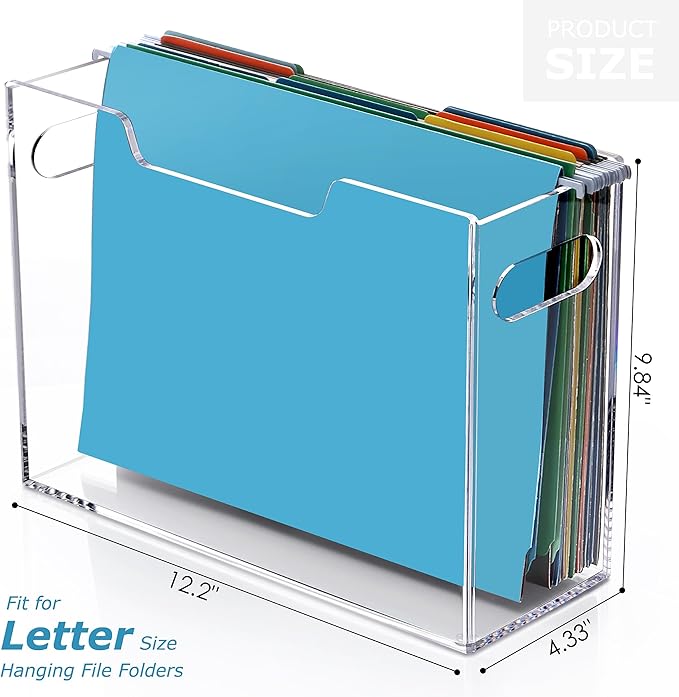 Clear File Box Hanging File Folder Organizer, Letter Size Portable Acrylic File Organizer Box with Handle, Filing Holder for Desk Home Office - 1 Pack