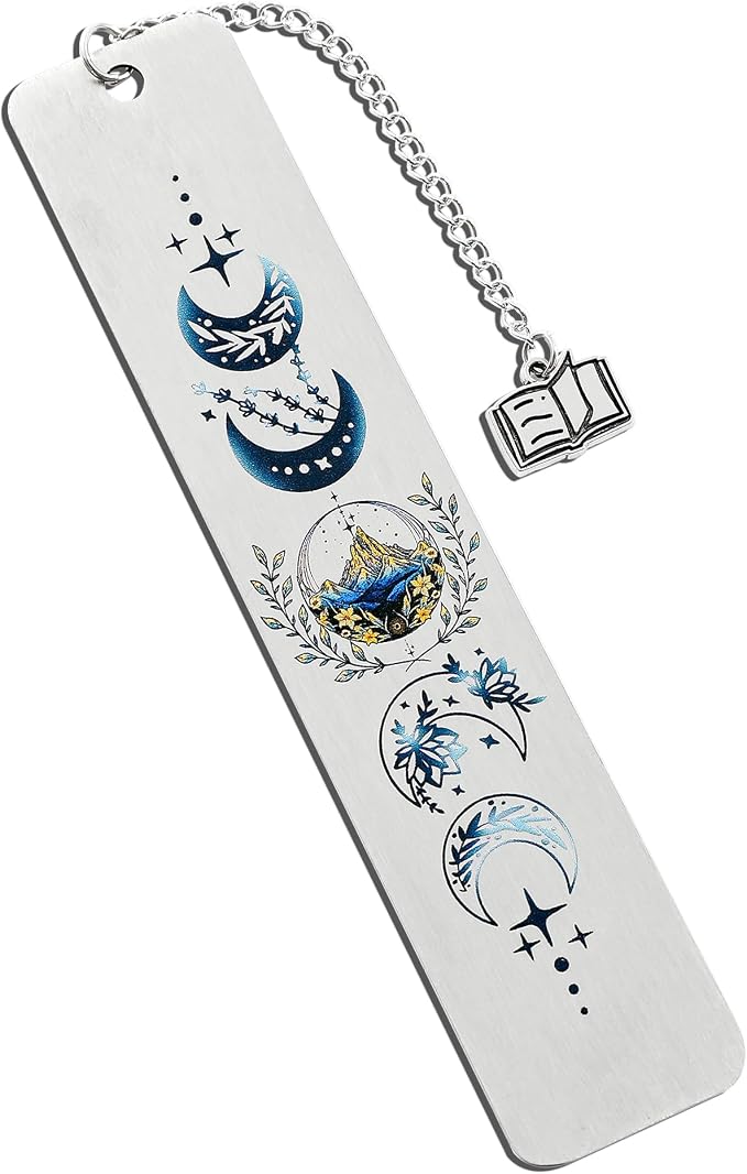 Stainless Steel Acotar Bookmark with Tassel, Acotar Inspirational Creative Moon Mountains Text Book Marks for Reading Women Men Collection, Books Accessories (Silver 1 Side Style 1)