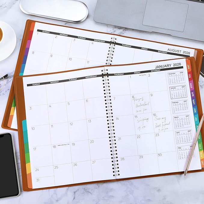 2026-2027 Monthly Planner - 2026-2027 Calendar/Planner 18 Months with Faux Leather, 8.86" x 11.4", Jul. 2026 - Dec. 2027, 15 Notes Pages, Strong Twin - Wire Binding, Pocket, Monthly Tabs, Perfect Organizer