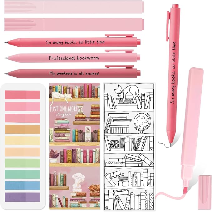 Spakon 7 Pcs Book Lovers Gifts for Readers Bookish Book Annotation Kit Aesthetic Pastel Highlighters No Bleed Gel Pens Reading Tabs Bookmark for Women Library Student Bible(Pink Series)