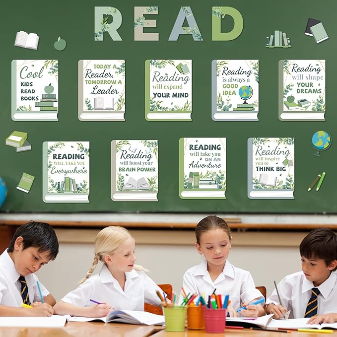 Qyeahkj Eucalyptus Reading Bulletin Board Poster for Classroom Boho Greenery Cutouts Motivational Bulletin Board Elementary Educational Prints Poster for Teachers Kindergarten Preschool Library